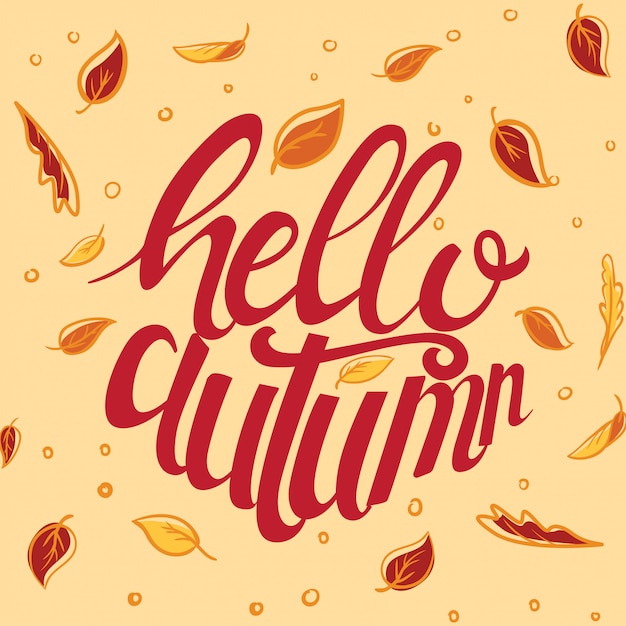Hallo herfst hand getrokken aangepaste typografie poster decoreren met bladeren Premium Vector