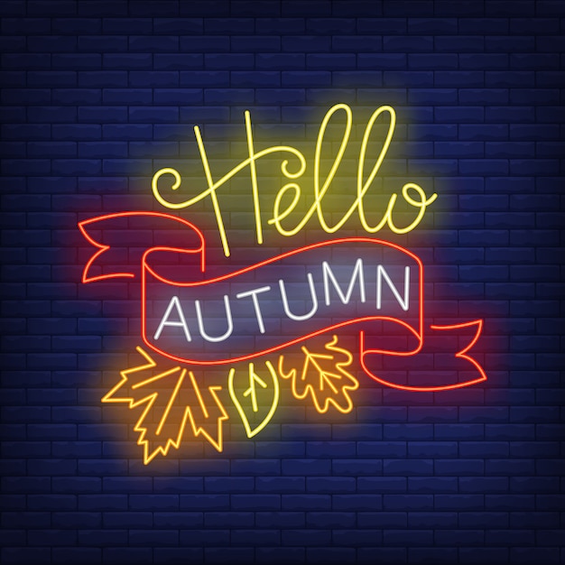 Hallo herfst neon bord met lint en bladeren vallen Gratis Vector