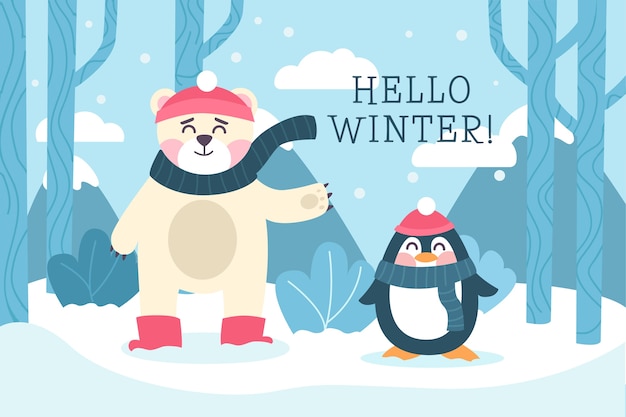 Hallo winter achtergrond in plat ontwerp Gratis Vector