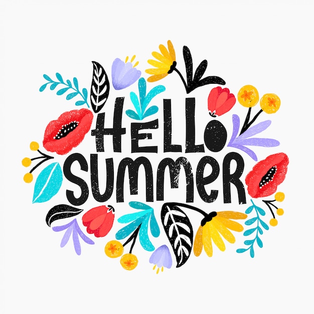 Hallo zomer vectorillustratie. ontwerp met bloemen digitale schets stijl. leuke heldere bloemen. Premium Vector