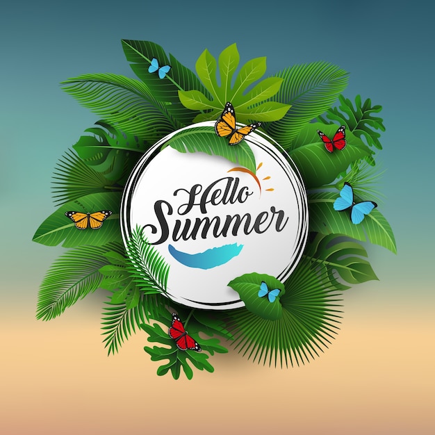 Hallo zomerteken met tropische bladeren en blauwe achtergrond Premium Vector
