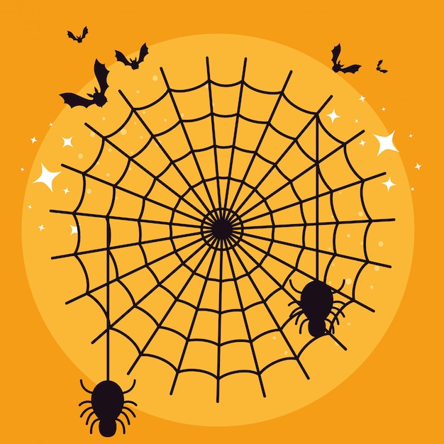 Halloween-kaart met spinnenweb en vleermuizen vliegen  Gratis Vector