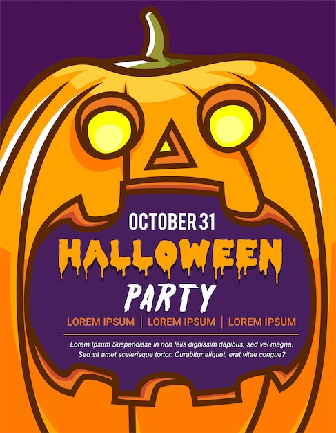 Halloween-kaart van de partijuitnodiging of groetkaart met de grote griezelige illustratie van het pompoenbeeldverhaal, tekstruimte in de mond van pompoen Premium Vector