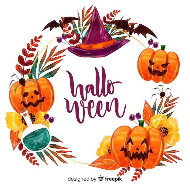 Halloween-kader met waterverfontwerp Gratis Vector