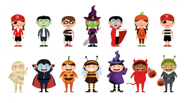 Halloween met kostuum kinderen set Gratis Vector