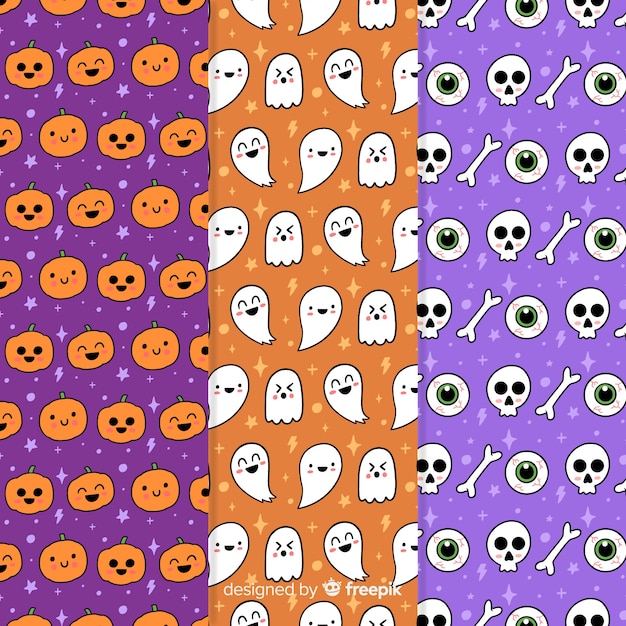 Halloween-partijpatrooncollectie met pompoenen en schedels Gratis Vector