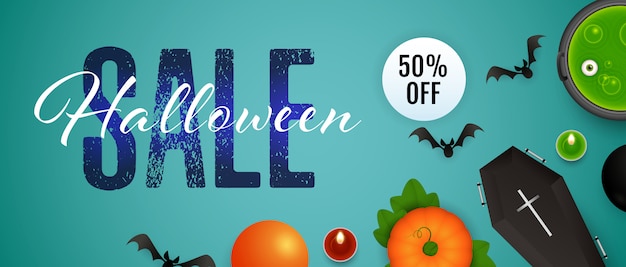 Halloween sale, vijftig procent korting op belettering, ketel, drankje Gratis Vector