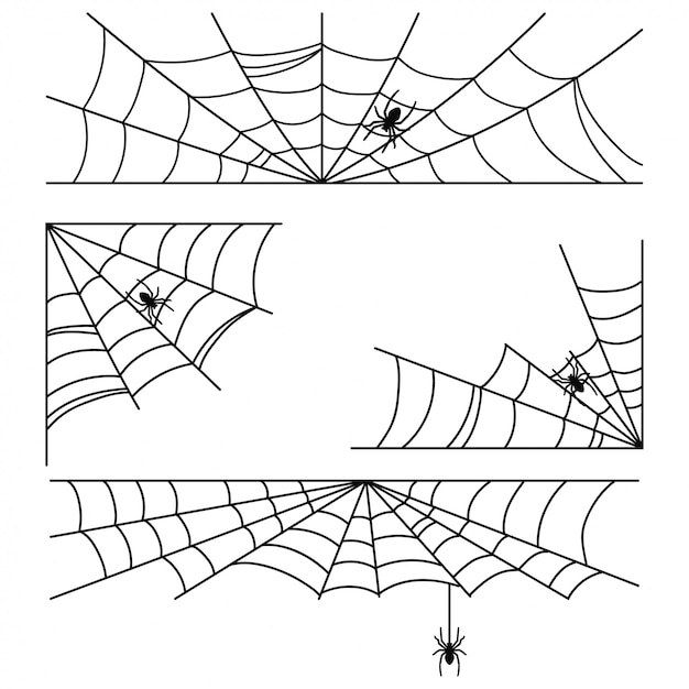 Halloween-spinneweb met spinkaders en hoeken geplaatst die op wit worden geïsoleerd. Premium Vector