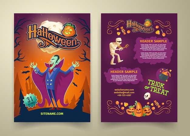 Halloween-uitnodiging op de lijst. brochure sjabloon met headers. achtergrond met graaf dracula Gratis Vector