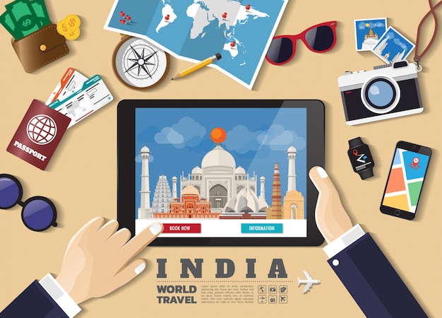 Hand die slimme tablet het boeken reisbestemming houden de beroemde plaatsen van india vectorconceptenbanners in vlakke stijl met de reeks van reizend voorwerpen, toebehoren en toerismepictogram. Premium Vector
