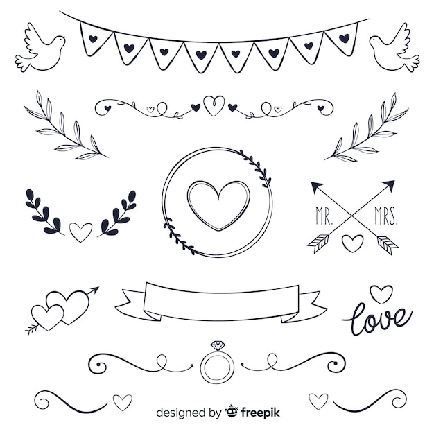 Hand getekend bruiloft sieraad collectie Gratis Vector