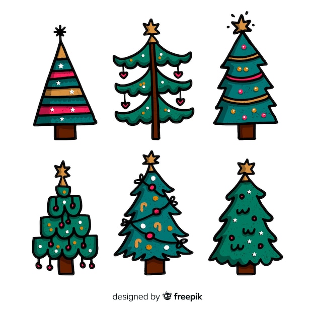 Hand Getekend Kerstboom Collectie Op Witte Achtergrond Gratis Vector