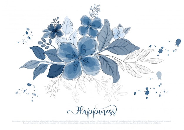 Hand Getekend Mooie Blauwe Bloemen Bloeien Met Zwarte Lijn Premium Vector