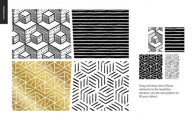 Hand getekend patroon in zwart, goud en wit met geometrische lijnen, punten en vormen Premium Vector