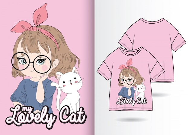 Hand getekend schattig meisje met poes illustratie met t-shirt ontwerp Premium Vector