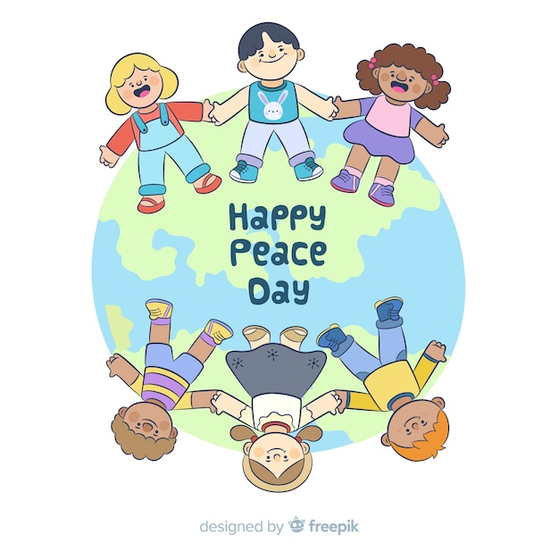 Hand getekend vredesdag met kinderen Gratis Vector