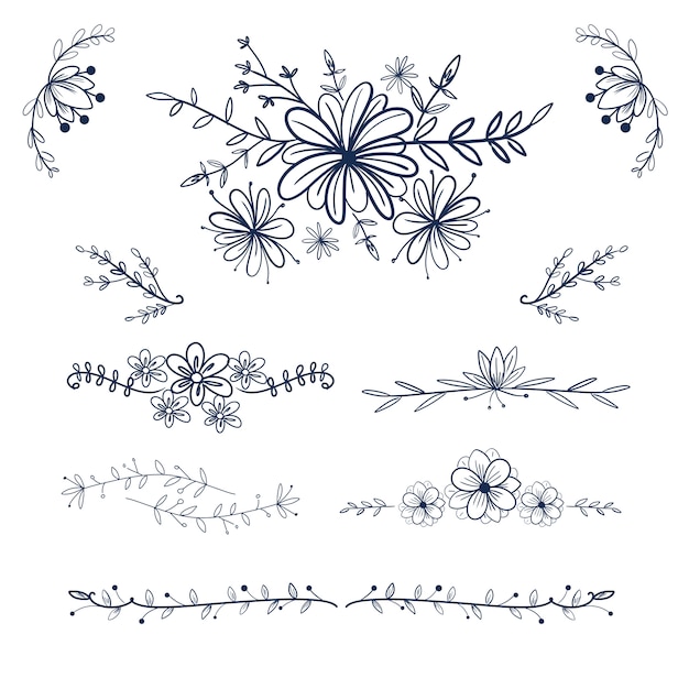 Hand getrokken bloem en swirl voor bruiloft sieraad en frame. Premium Vector