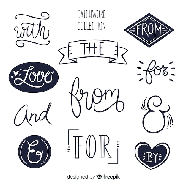 Hand getrokken bruiloft trefwoord verzameling Gratis Vector