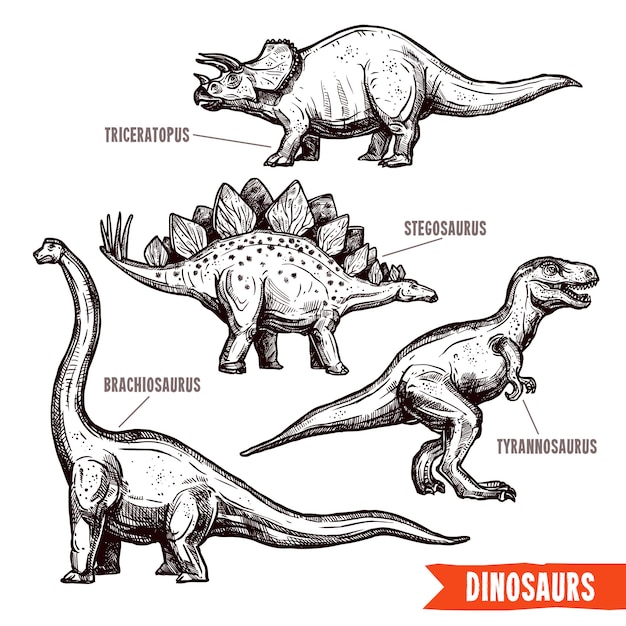 Hand getrokken dinosaurussen instellen zwarte doodle Gratis Vector