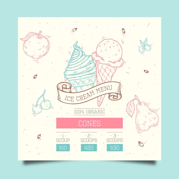 Hand getrokken ijs menusjabloon Gratis Vector
