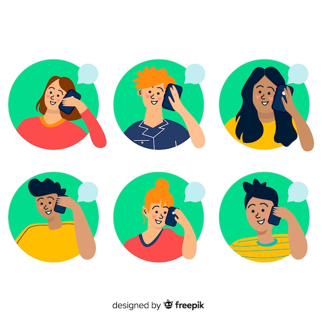 Hand getrokken jongeren met behulp van smartphone set Gratis Vector