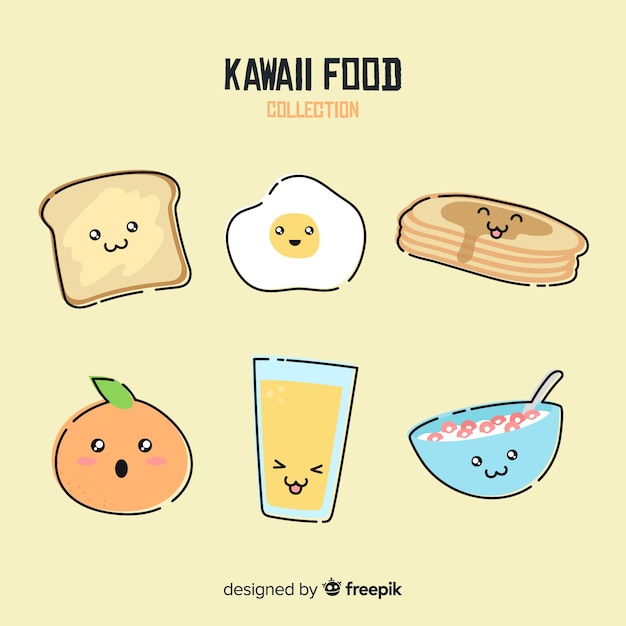 Hand Getrokken Kawaii Ontbijt Eten Collectie Gratis Vector