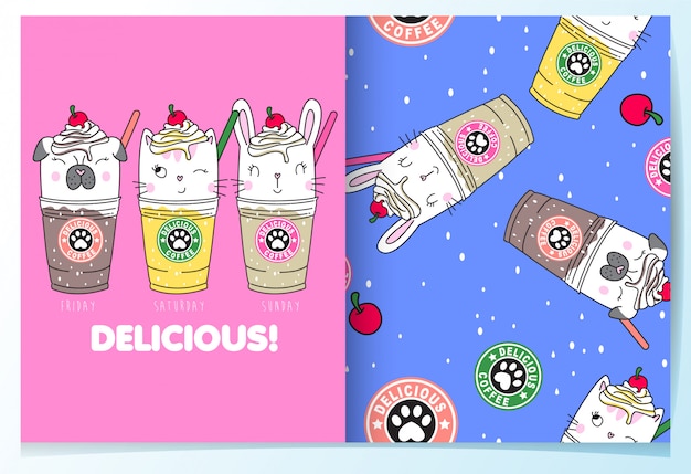 Hand getrokken leuke drankjes patroon set Premium Vector