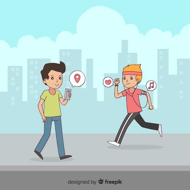 Hand getrokken mensen met behulp van elektronische achtergrond van het apparaat Gratis Vector