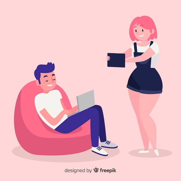 Hand getrokken mensen met behulp van technologische apparaten pack Gratis Vector