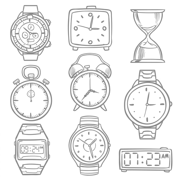 Hand Getrokken Polshorloge Doodle Schets Horloges Wekkers En Uurwerk