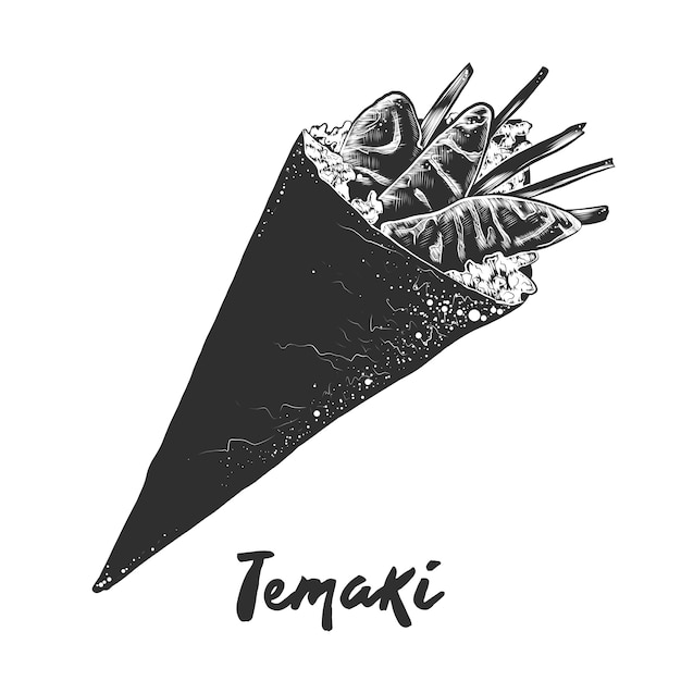 Hand getrokken schets van temaki roll in zwart-wit Premium Vector