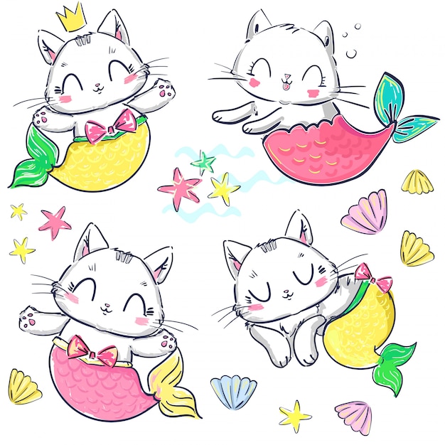 Hand getrokken set kitten zeemeermin en shell. fantasie schattige kat. Premium Vector