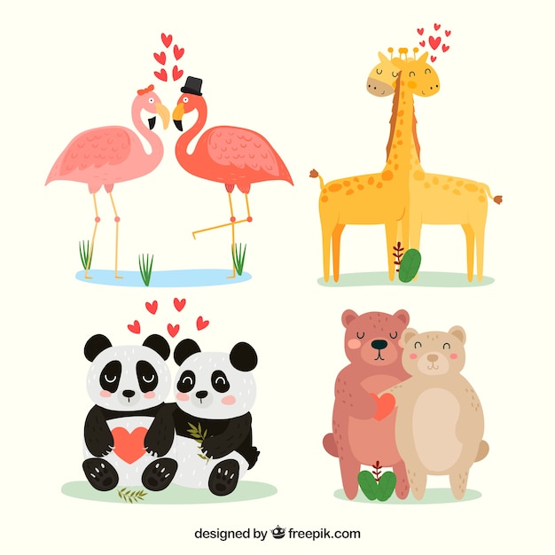 Hand getrokken valentijnsdag dierlijk paar collectie Gratis Vector
