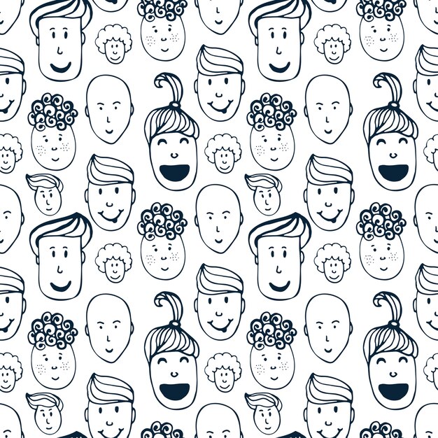 Hand getrokken vector naadloos patroon met illustratie van groep mannen en vrouwen. menigte van grappige volkeren achtergrond. Premium Vector
