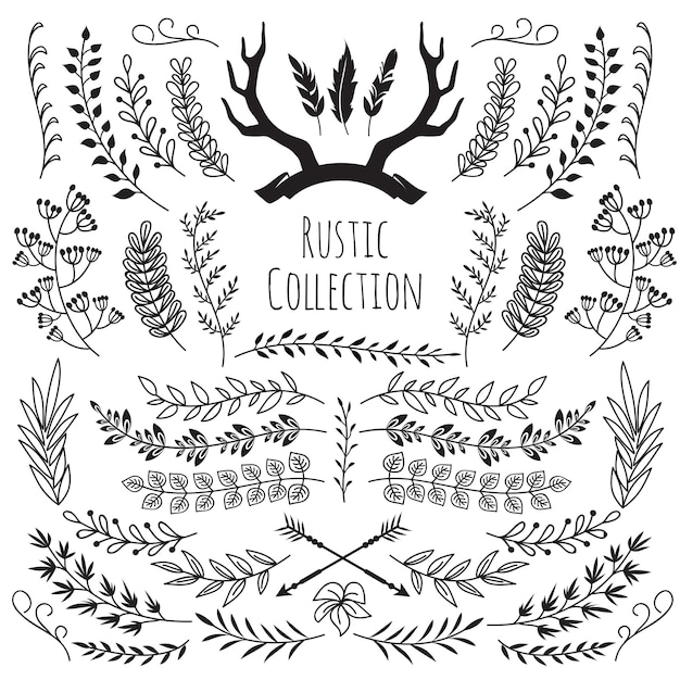 Hand getrokken vintage takken, kransen grens gewei, veren, pijlen. rustieke bloemen decoratieve bruiloft vector Premium Vector