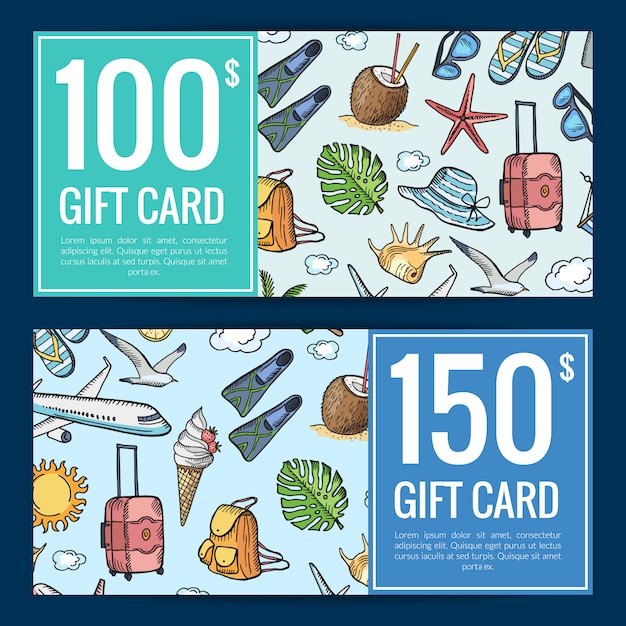 Hand getrokken zomer reizen korting of geschenk kaartsjabloon Premium Vector