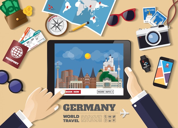 Hand met slimme apparaat boeken reisbestemming. duitsland beroemde plaatsen. Premium Vector