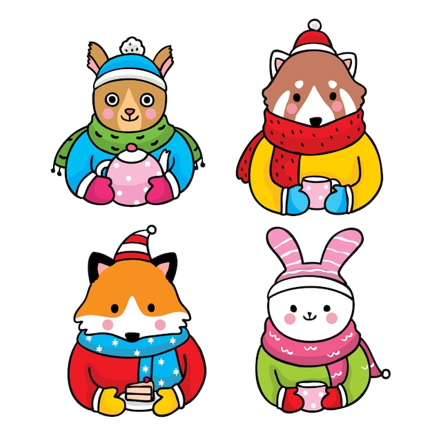 Hand Tekenen Cartoon Schattige Winter Dieren In Het Wild En Theetijd Premium Vector