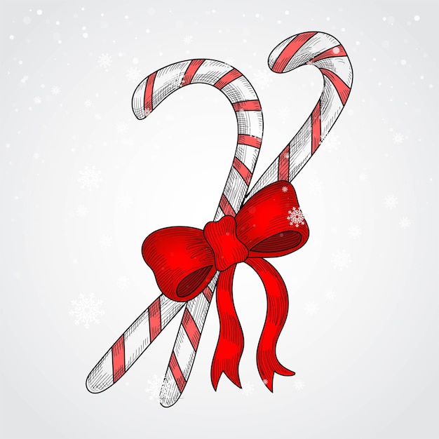 Hand tekenen kerst candy cane met rode strik kaart ...