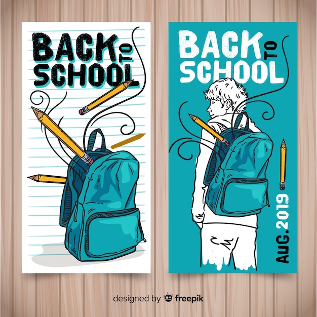Hand terug naar school banners getrokken Gratis Vector