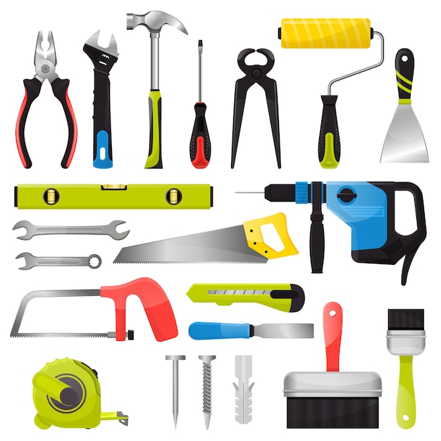 Handgereedschap vector handtools hamer tang en schroevendraaier van toolbox Premium Vector