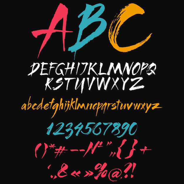 Handgeschreven script lettertype. borstletter. hoofdletters, cijfers, interpunctie Gratis Vector