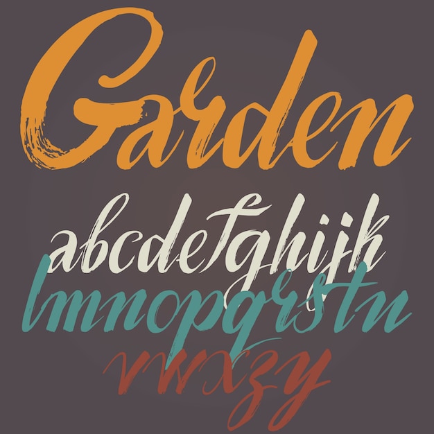 Handgeschreven script lettertype. borstletter. hoofdletters, cijfers, interpunctie Gratis Vector
