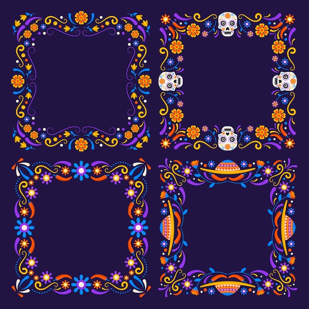 Handgetekende platte dia de muertos frames collectie Gratis Vector