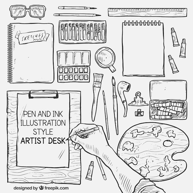 Handrawn ontwerper desk Gratis Vector