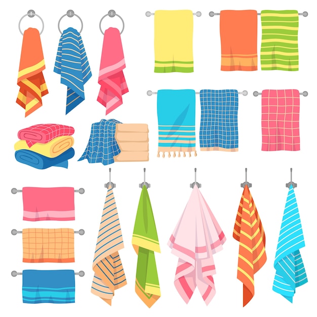 Hangende handdoeken. hang stof zachte kleur verse textiel of badhanddoek geïsoleerde set met geruite schone gestapelde elementen Premium Vector