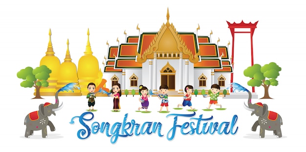 Happy songkran festival is het traditionele thaise nieuwjaar dat in april wordt gevierd Premium Vector