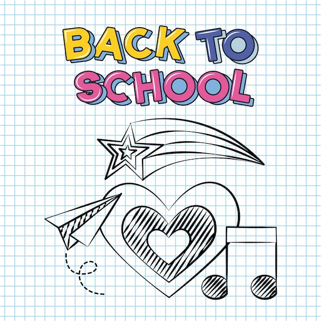 Hart, muziek notitie en papieren vliegtuigje, terug naar school doodle getekend op een raster vel Gratis Vector