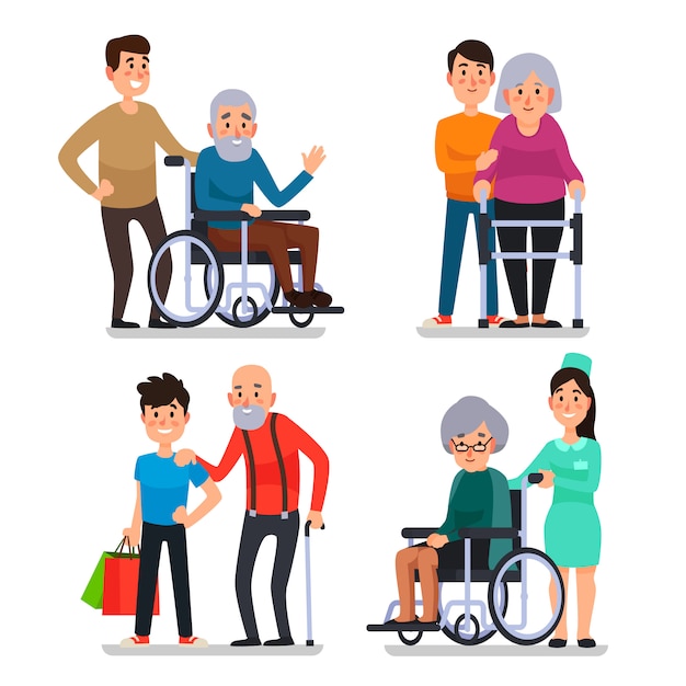 Help oude mensen met een handicap Premium Vector