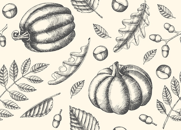 Herfst naadloze patroon met hand getrokken bladeren en pompoenen. bladeren van esdoorn, berk, kastanje, eikel, essenboom, eik. schetsen. voor behang Premium Vector